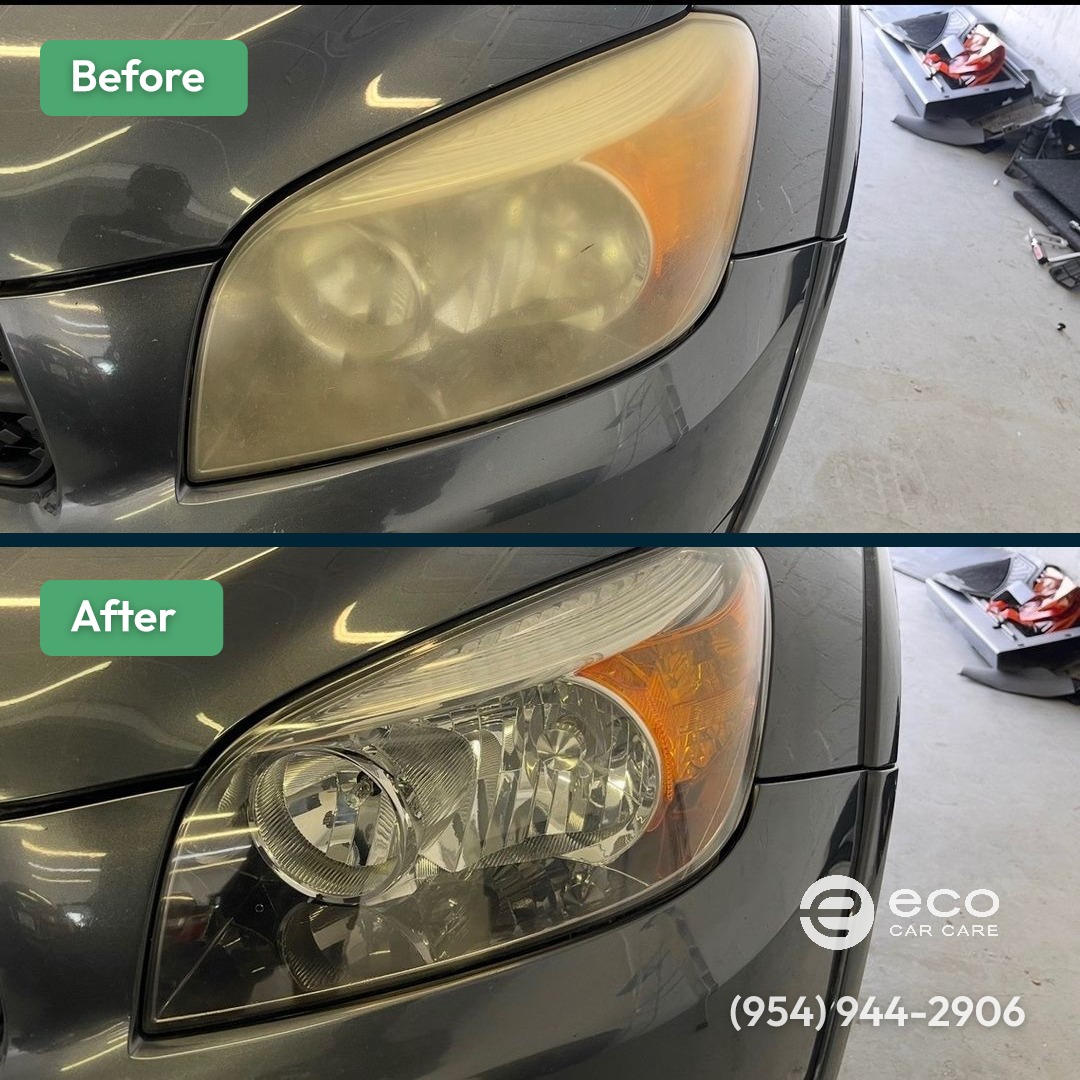 Before and after Headlight Restoration by Eco Car Care