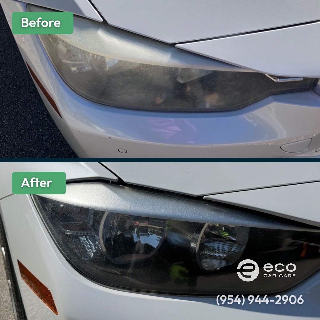 Before and after Headlight Restoration by Eco Car Care